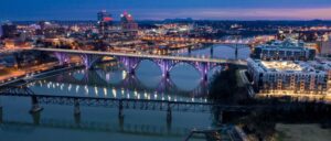 downtown knoxville fort loudoun tennessee river bridge light up at night