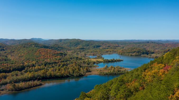 view of tellico lake from drone on sunny day