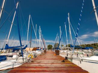 Boat dock with sail boats docked on sunny day
