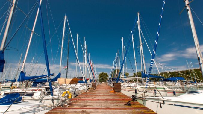 Boat dock with sail boats docked on sunny day