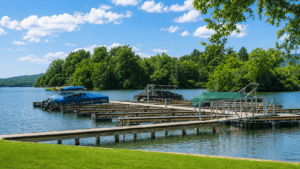 Floating boat docks on a calm lake, with covered pontoons and a tree-lined shore under a blue sky.